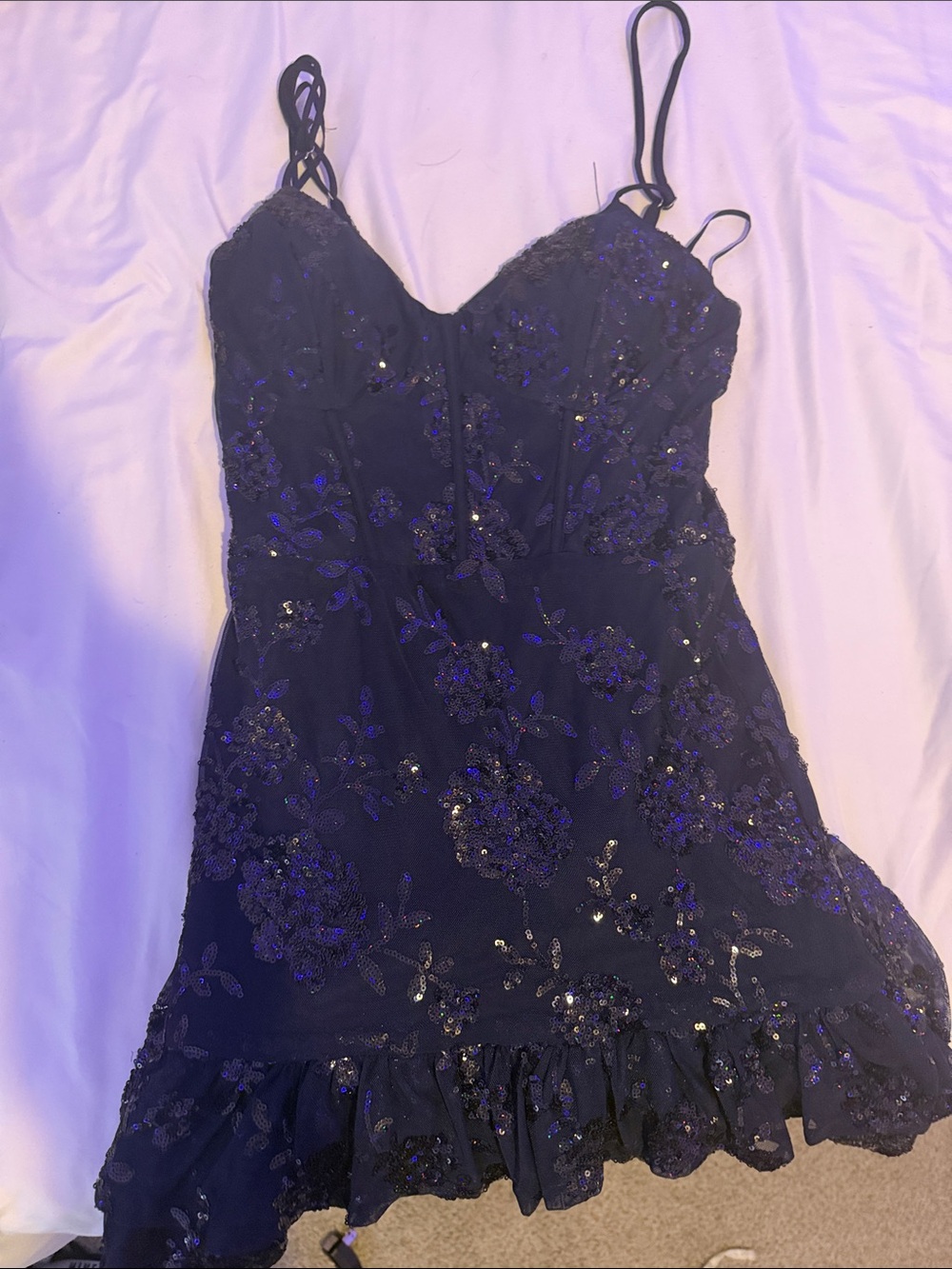 Windsor Navy Blue Sequin Floral Mini Dress